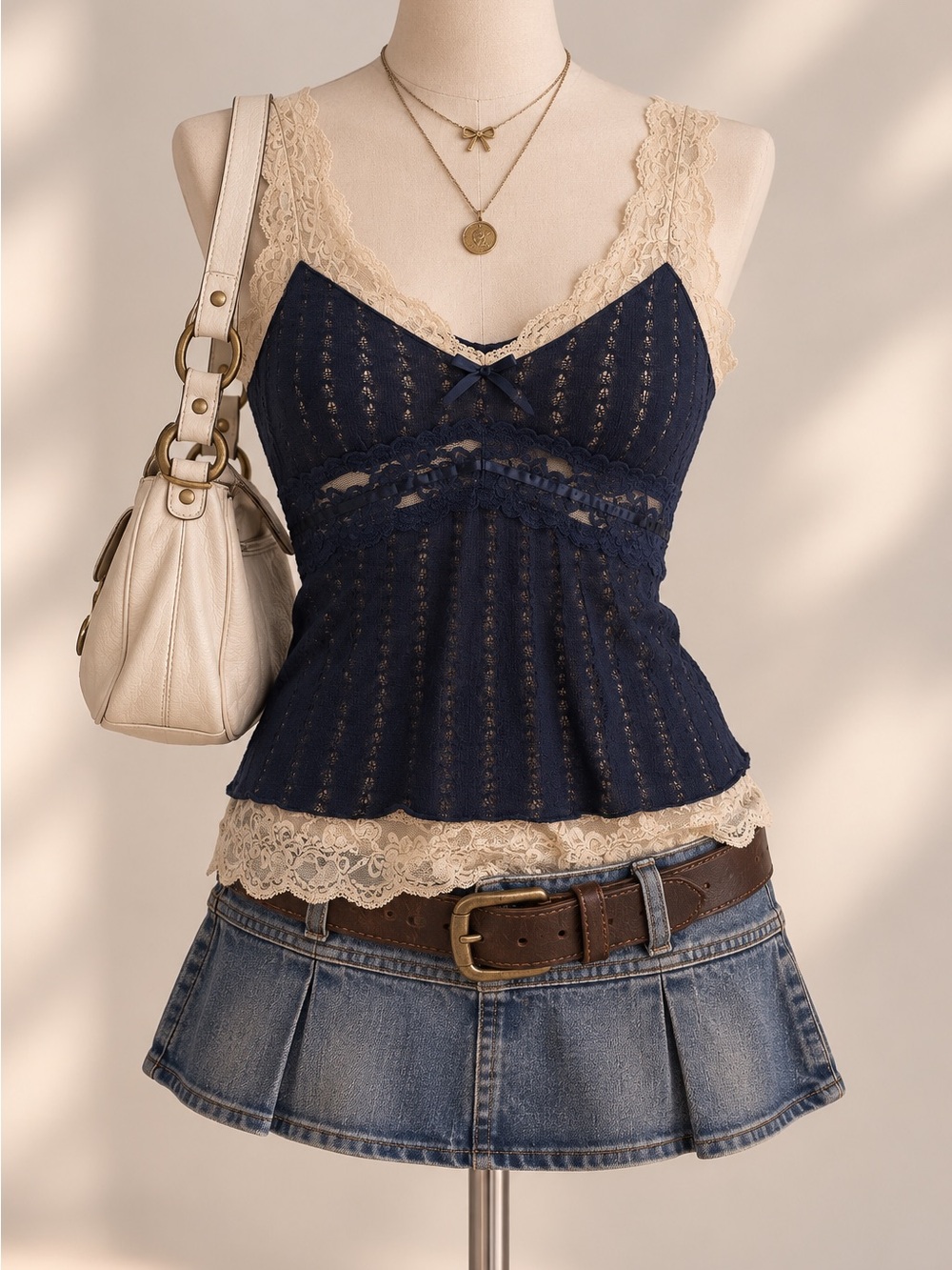 Navy Lace-Trim Cami Tank Top with Cream Accents - Women
